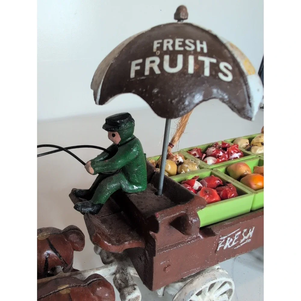 ANTIQUE Cast Iron Fruit Vegetable Wagon Horses Vintage Rustic Primitive Driver